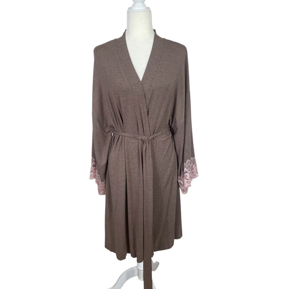 Soma Jersey Knit Midi Robe Lace Trim Waist Tie Taupe Sz L/XL Cozy Chic Romantic